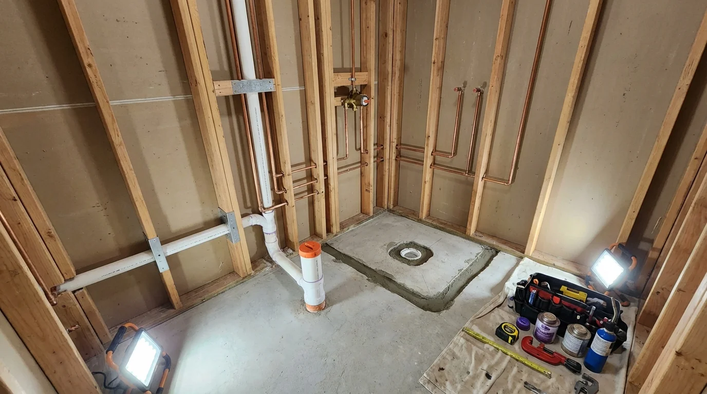 Bathroom rough-in plumbing during remodel by Johns Plumbing LLC in Bayonne