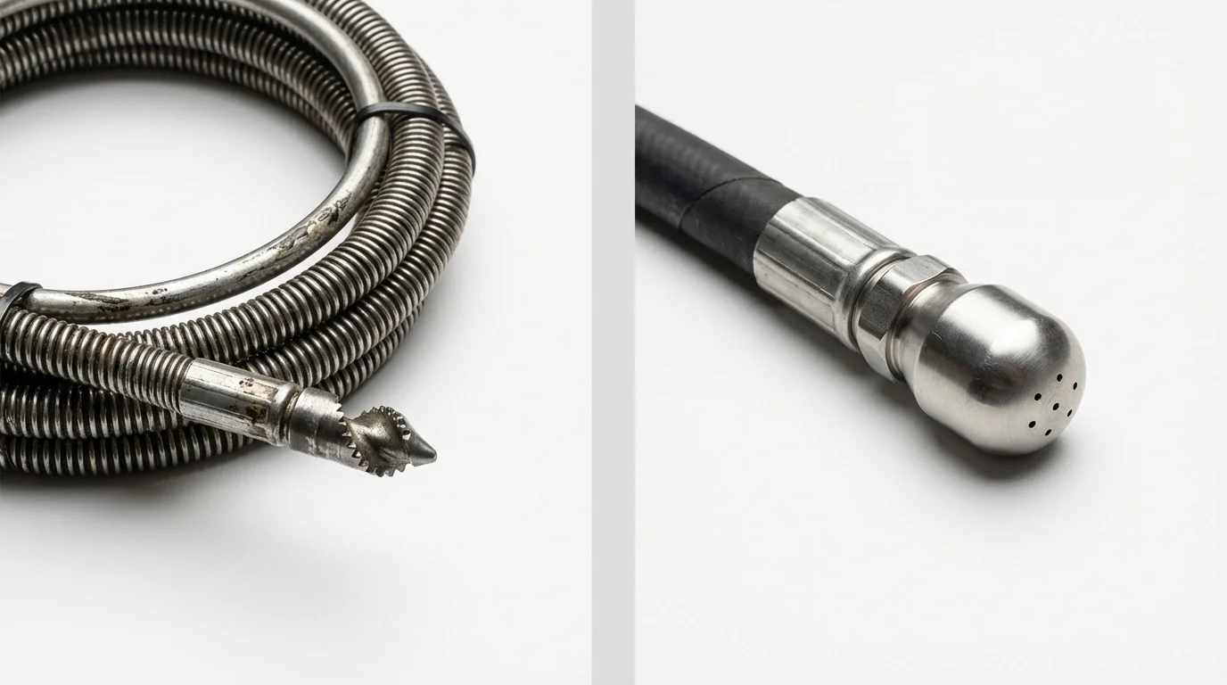 Drain snake cable and hydro jetting nozzle used for drain cleaning in Bayonne, NJ