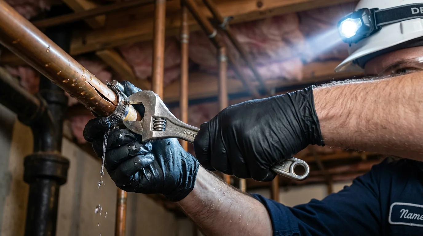 Emergency pipe clamp repair being performed by a Johns Plumbing LLC plumber in Bayonne