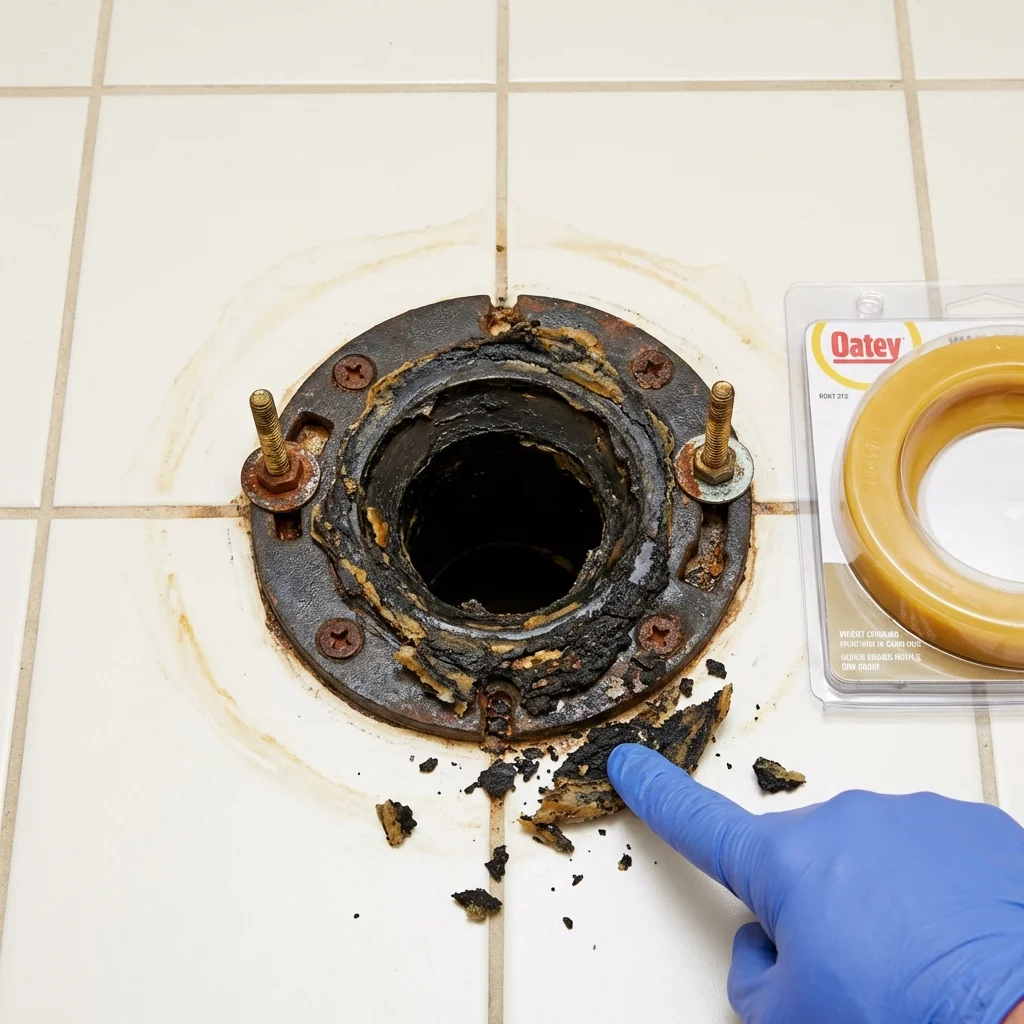 Failed wax ring showing water seepage at the base of a toilet in a Bayonne, NJ home