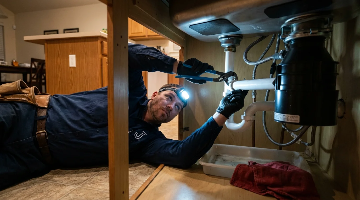 P-trap and supply line connections under a kitchen sink showing a common leak point in Bayonne, NJ